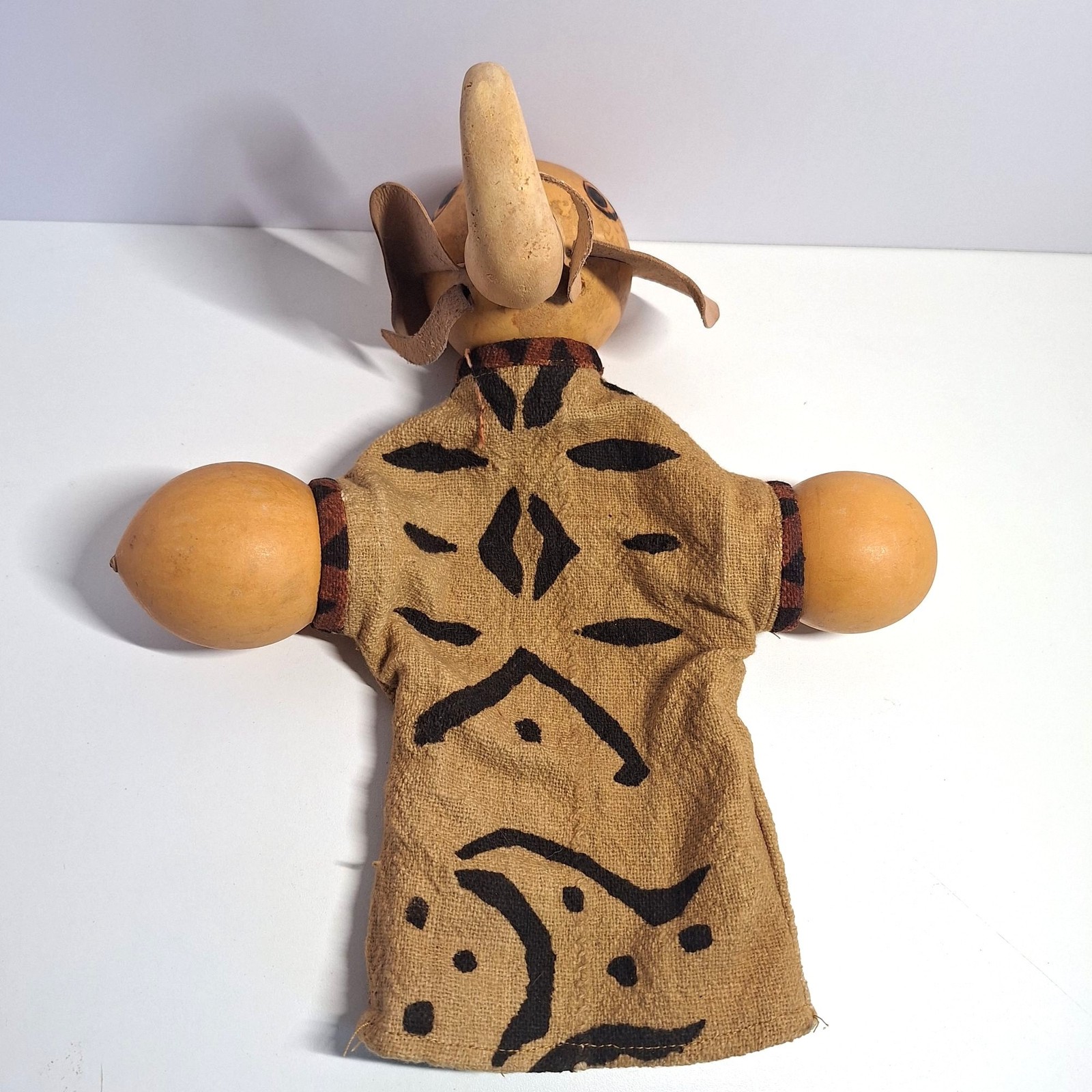 African Elephant Gourd Puppet Leather Handmade Ears Tusks Tribal Fabric READ