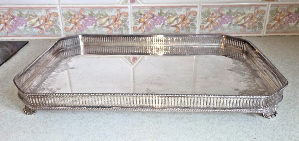 Vintage Heavy Sheffield Silver Plate Galleried Rectangular Footed TRAY Chased