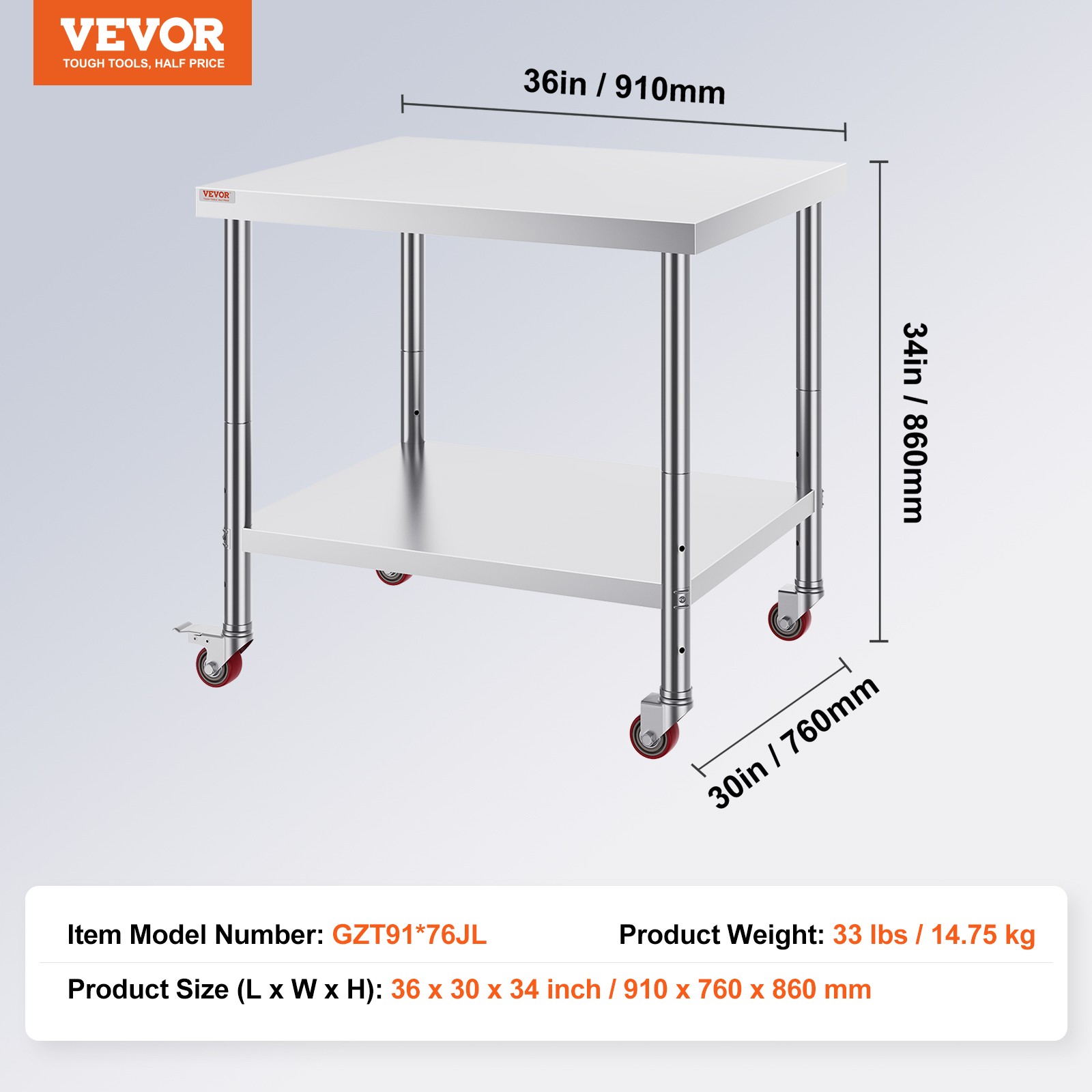 VEVOR Stainless Steel Work Table Commercial Prep Table 36x30 Inch With 4 Casters
