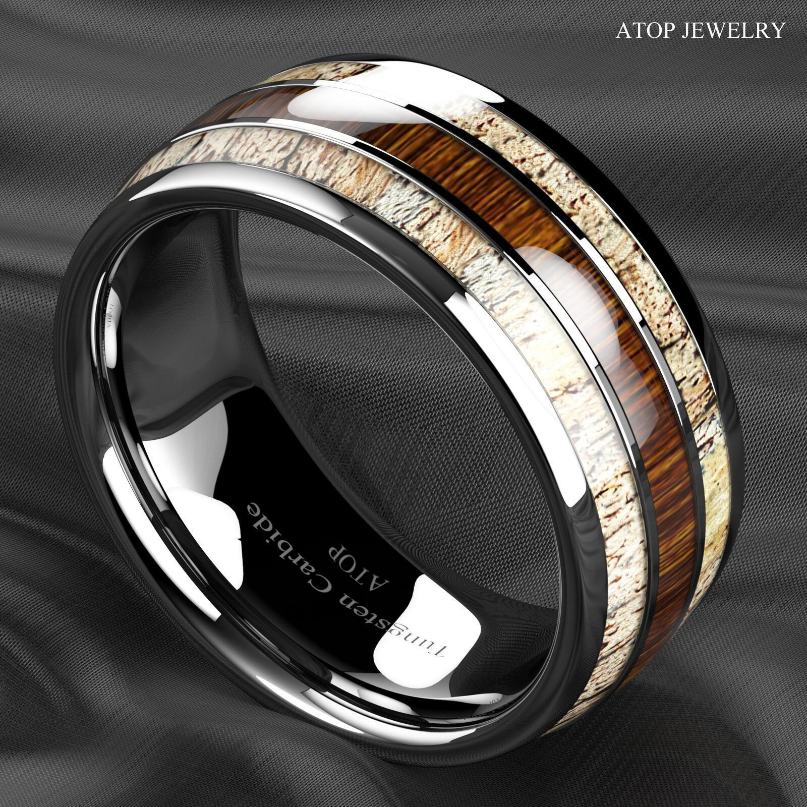 8mm Silver Tungsten Ring With Deer Antler Koa Wood Men Wedding Band ATOP Jewelry