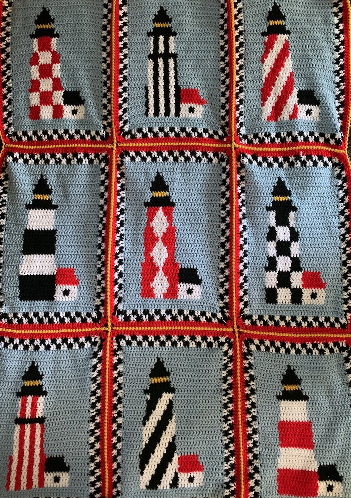 Handmade Nautical Theme Multicolored Lighthouse Patten Crochet Throw Blanket