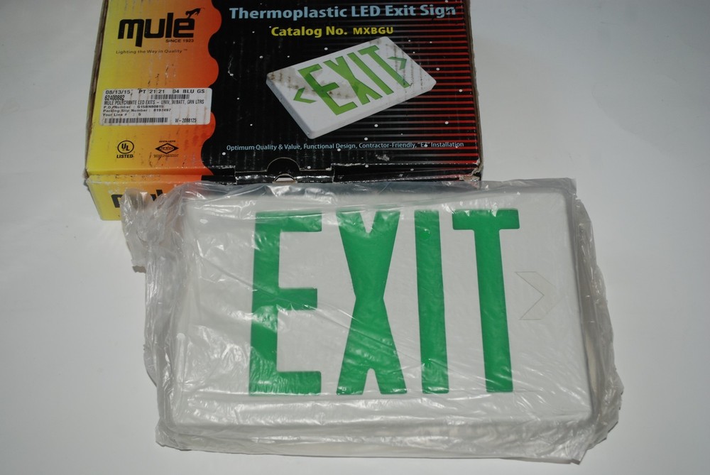 Green & White LED Exit Sign Slim & Low Profile with Battery Backup Mule