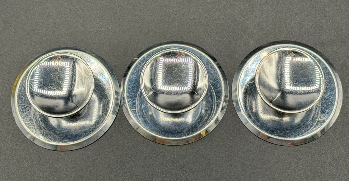 3 Vintage Chrome Concave Round Pull Knobs w/ Matching Backplates & Screws.