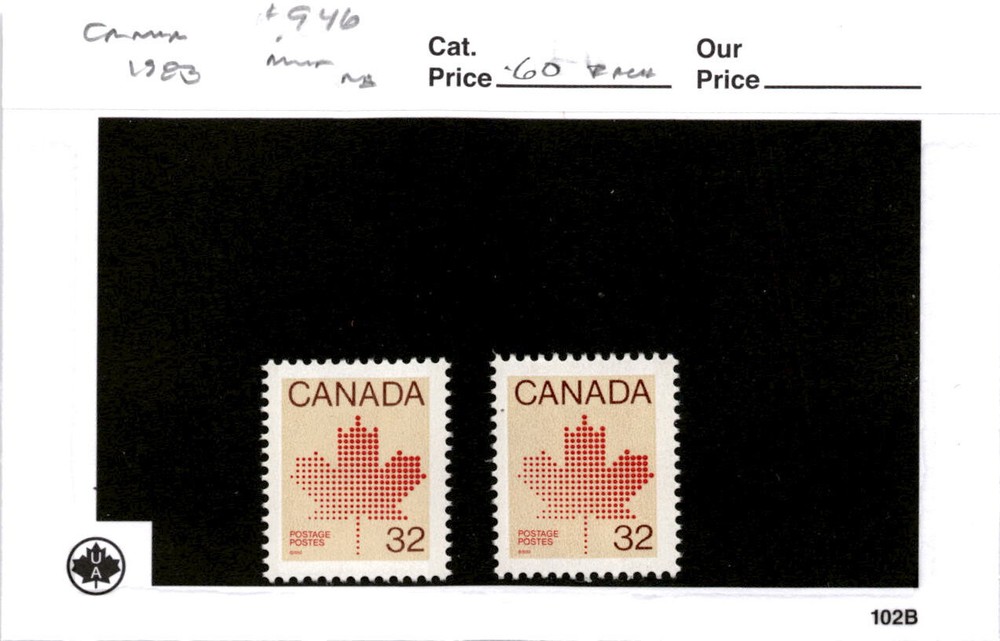 Canada, Postage Stamp, #946 (2 Ea), 1983 Maple Leaf (AC)