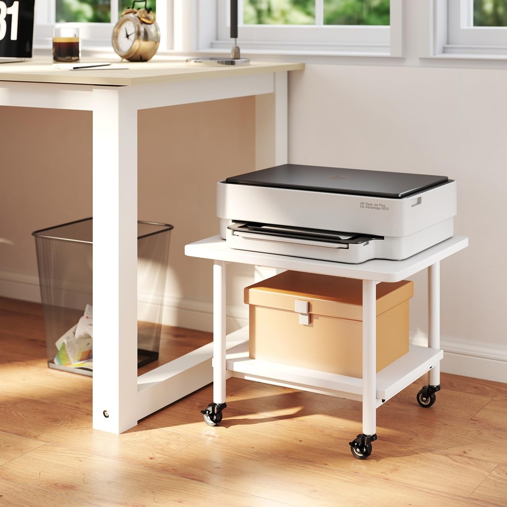Under Desk Printer Stand, 2-Tier Mobile Printer Table with Storage Shelf, Loc...