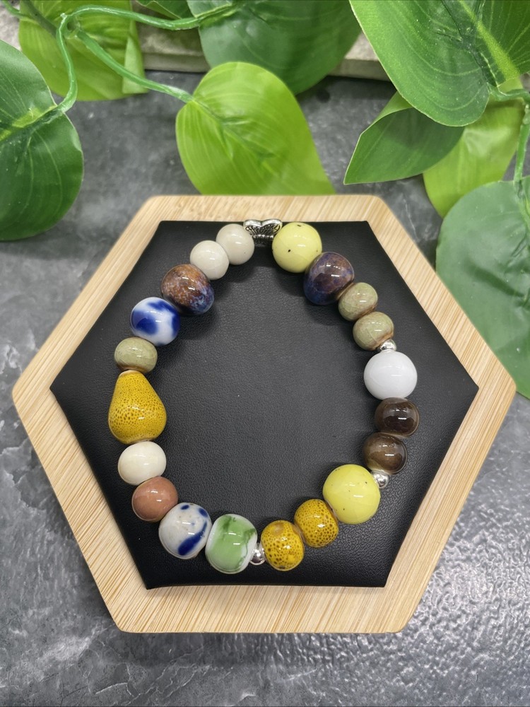 Handmade Ceramic Bead Beaded Stackable 6.5” Plus Stretch Bracelet New B217