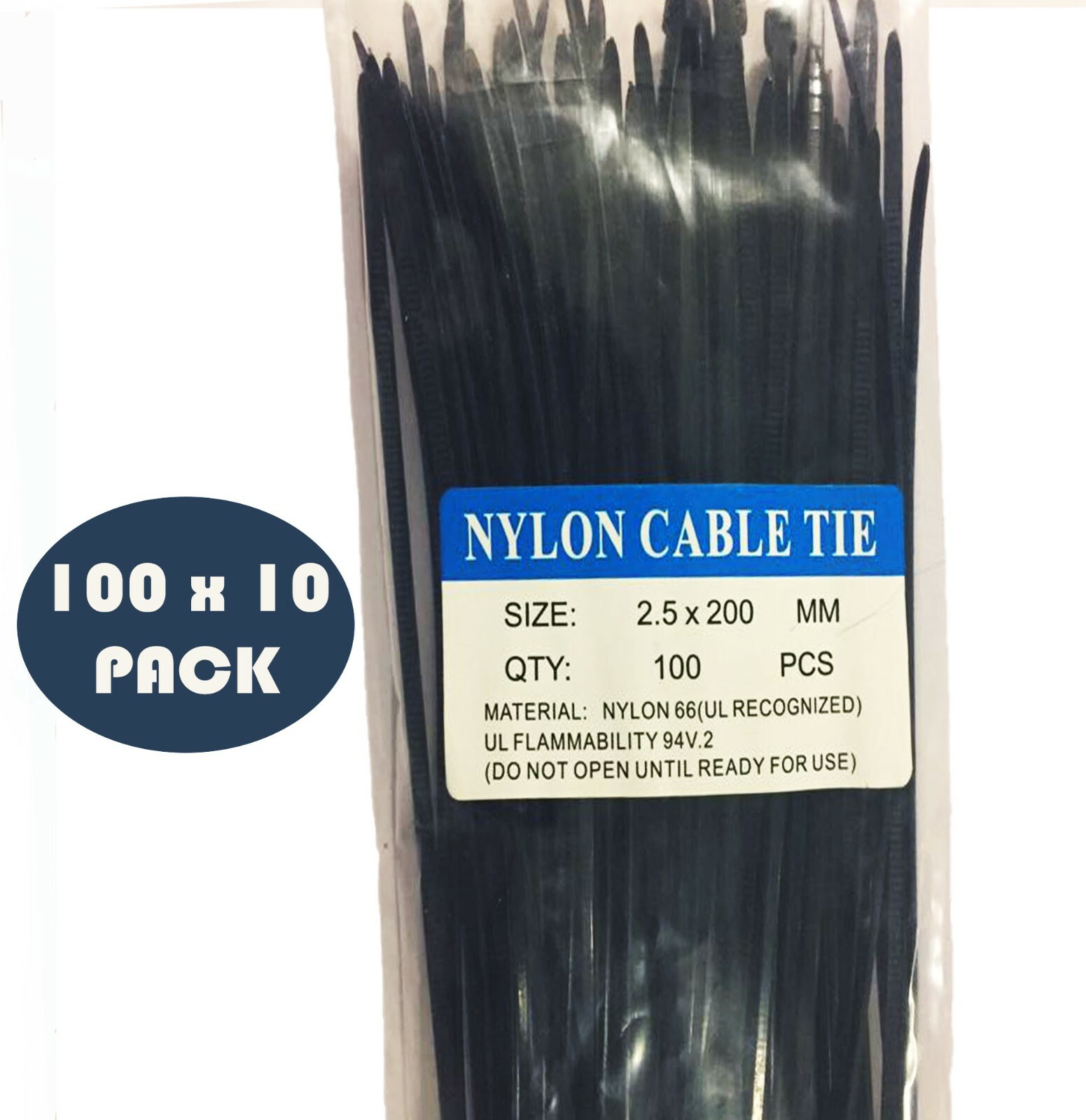 1000 Pack - 200 X 2.5MM Nylon Cable Zip Tie Wraps in Black