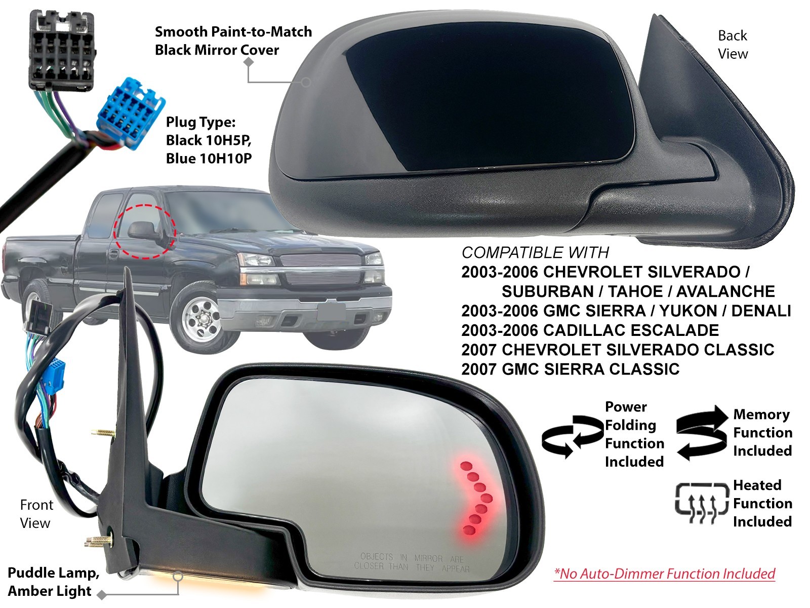 Power Folding Mirror for GM Pickup & SUV 2003-2006 Puddle Memory Passenger Side