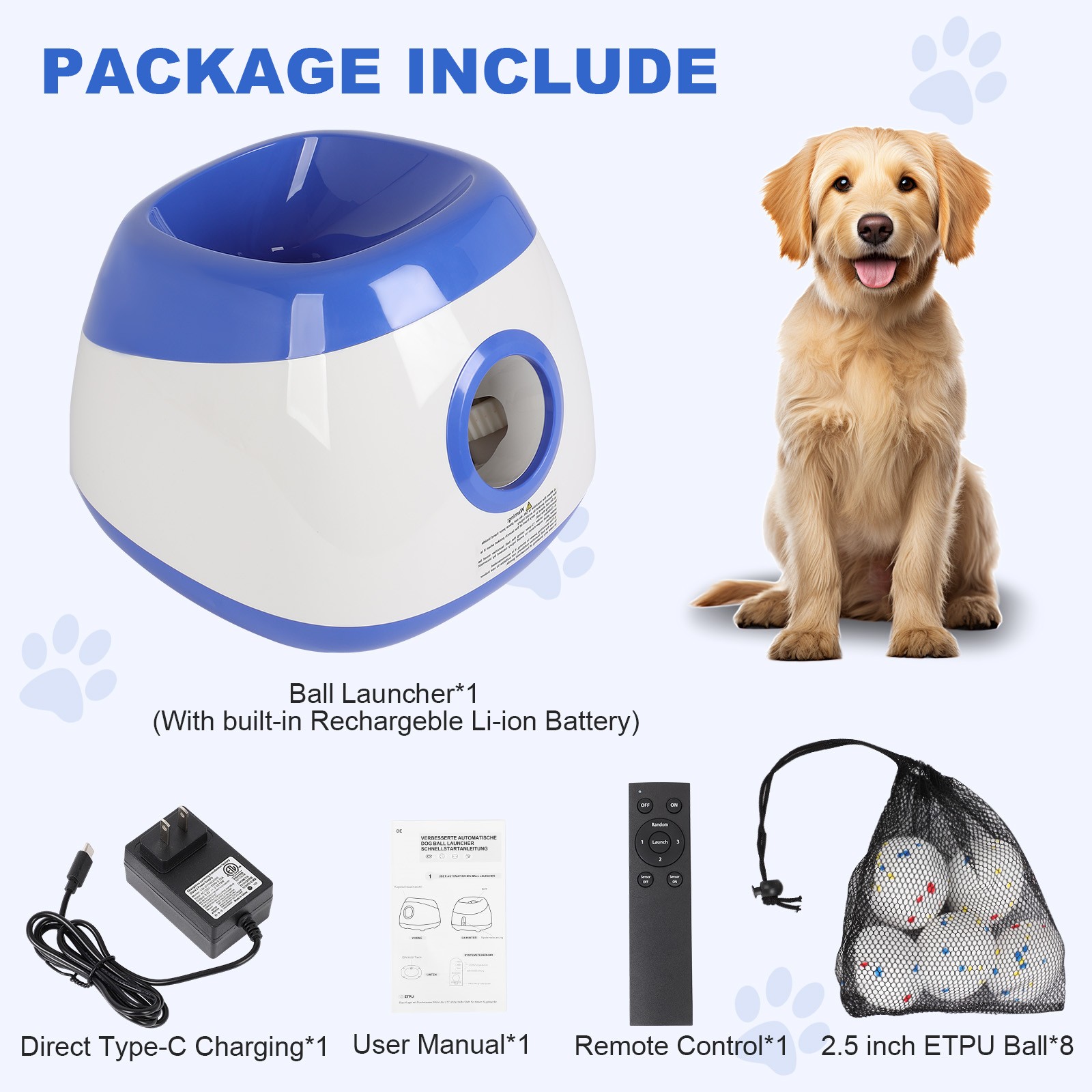 3 Modes Automatic Dog Ball Launcher 40-80FT 8 ETPU Balls Remote Control Toy