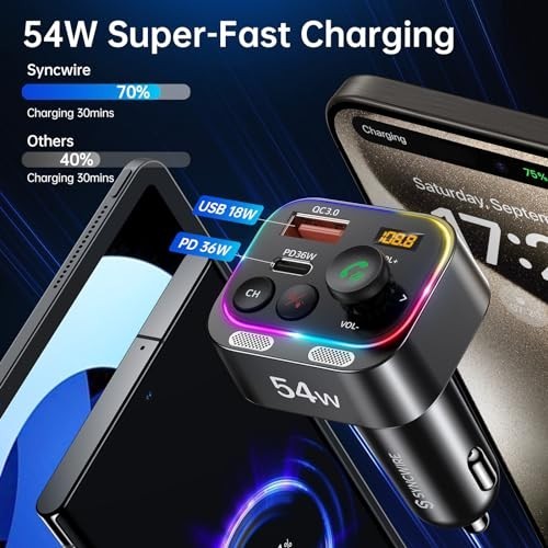 Bluetooth 5.4 FM Transmitter Car Adapter 54W PD 36W Fast Charging Dual Mics HiFi