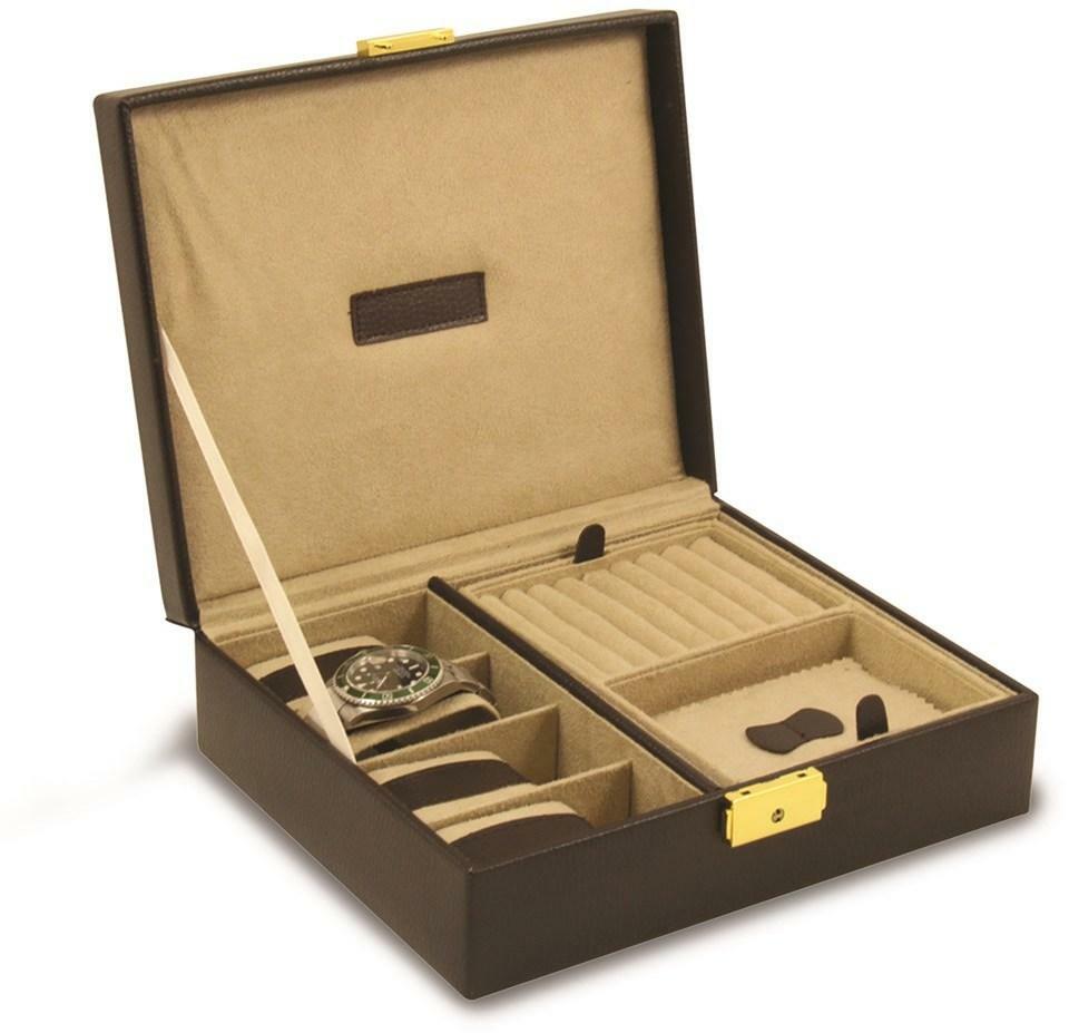 Brown Leather 4 Watch Case & Valet w/ Lock