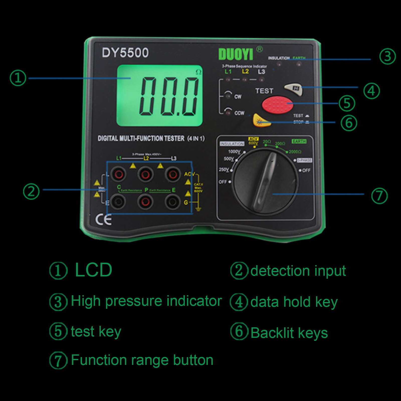 Digital Resistance Meter Ground Earth Insulation Tester 0.01 to 2000 ohm DY5500
