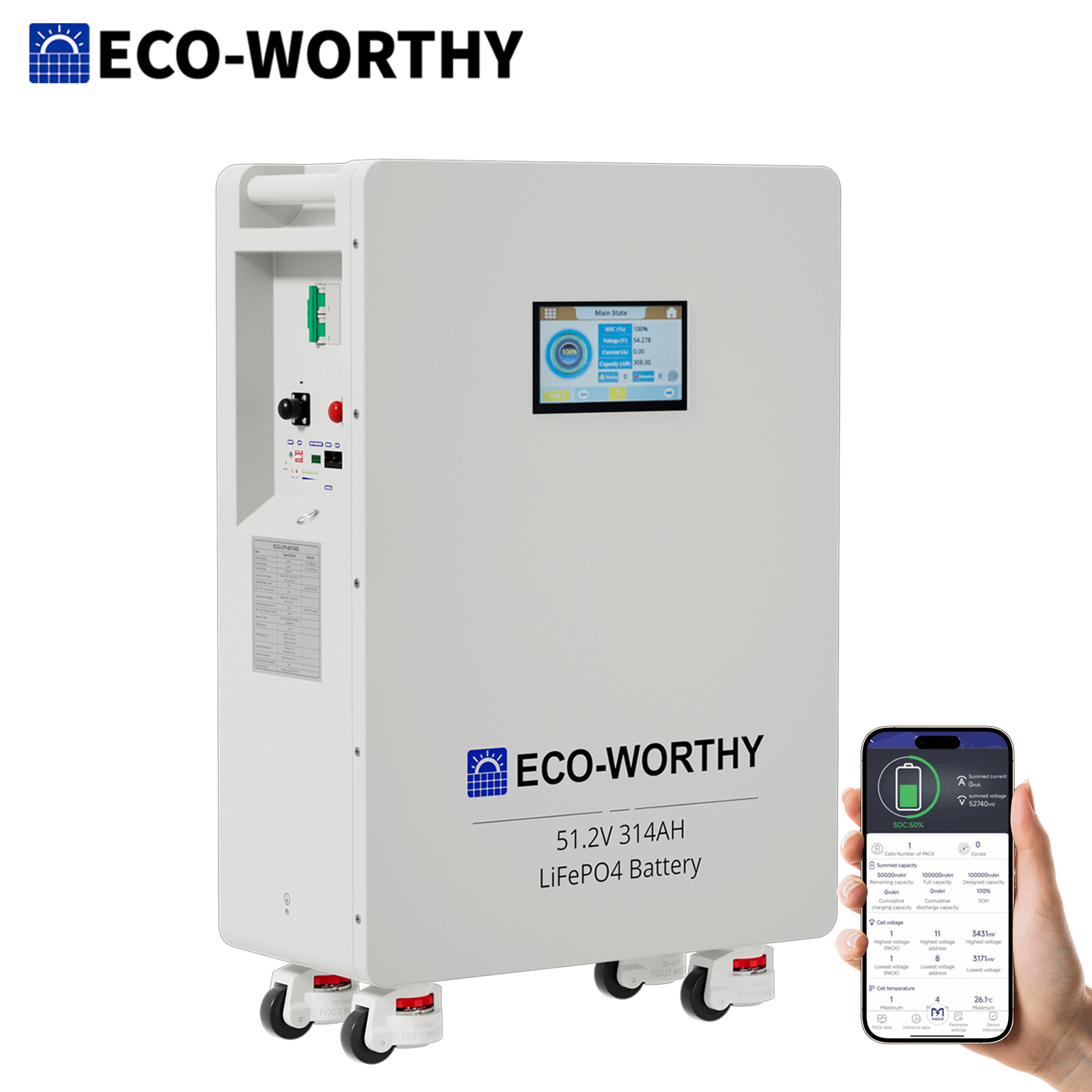 ECO-WORTHY 16.07kWh 48V 314AH LiFePO4 Battery Vertical Standing Solar Backup UPS