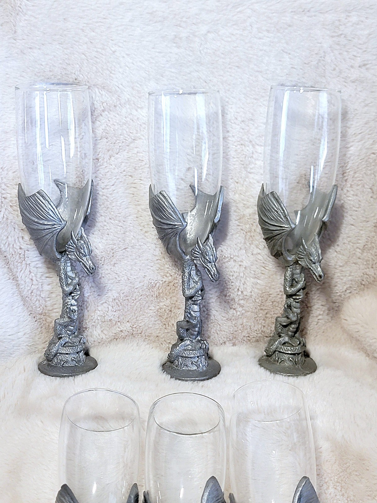 Set of 6 Solid Heavy Fantasy Pewter Dragon Champagne Glass Flute 8" D&D Gothic