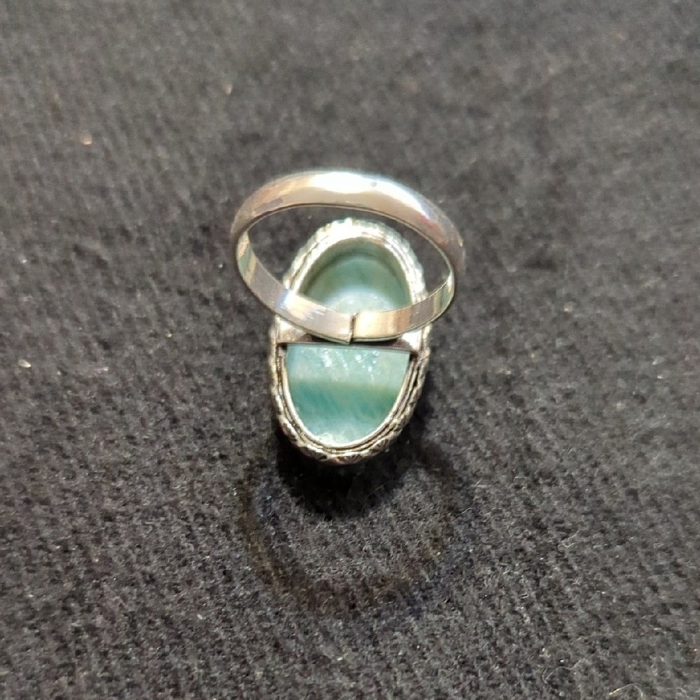 Silver Plated Pastel Blue Green Amazonite Gemstone Oval Statement Ring -Size 9.5