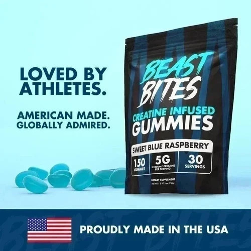 Beast Bites Creatine Infused Gummies – Blue Raspberry – 150 Servings....
