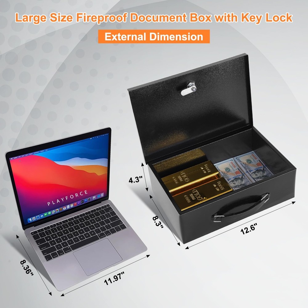 KYODOLED Fireproof Document Box with Key Lock, Small Medium, Black-M-Key Lock