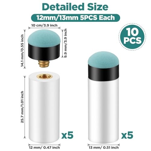 10 Sets Pool Cue Tips Replacement Kit, 12mm & 13mm Screw On Pool Stick Tips