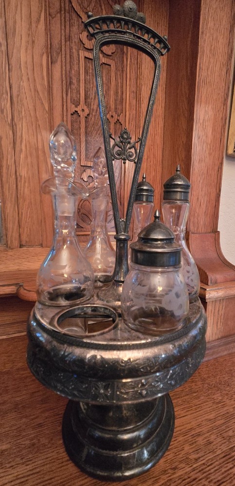 Antique Victorian Reed & Barton Silverplate Caddy Etched Glass Castor Cruet Set
