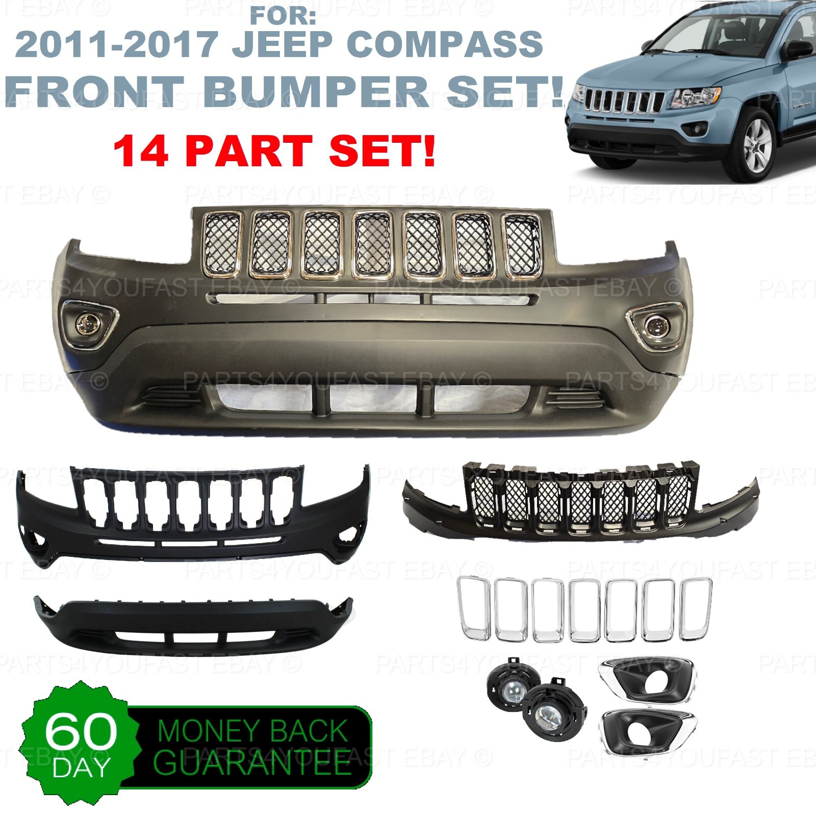 For 2011-2017 Jeep Compass Front Bumper cover  SET GRILL LOWER BUMPER FOG LIGHTS