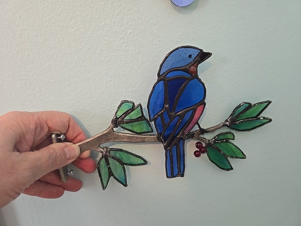Stained Glass Bluebird  Window Frame Mount