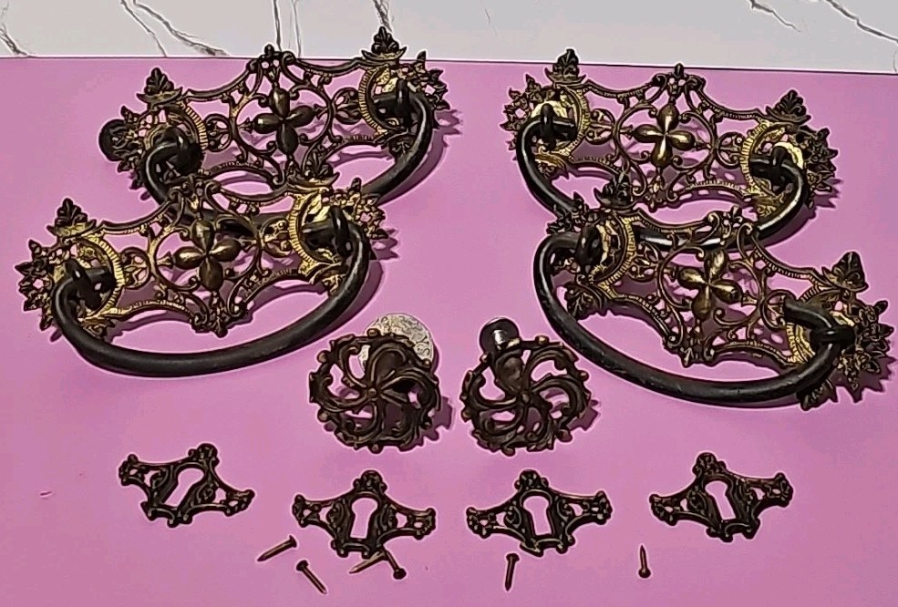 Beautiful Antique Victorian Era Brass Drawer Pulls, KB Co Knobs, Key Back Plates