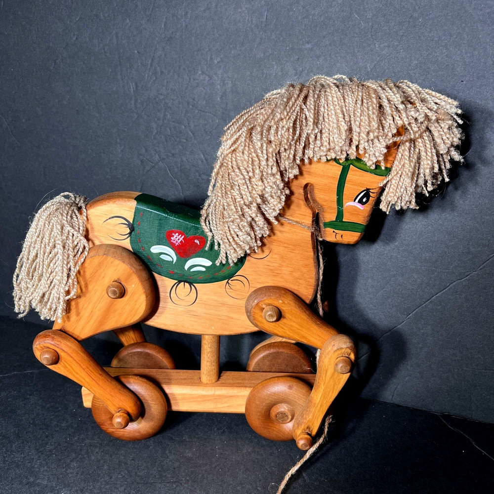 Vtg Solid Work Rolling Horse Folk Art Pull Toy Hand Crafted Tole Painted