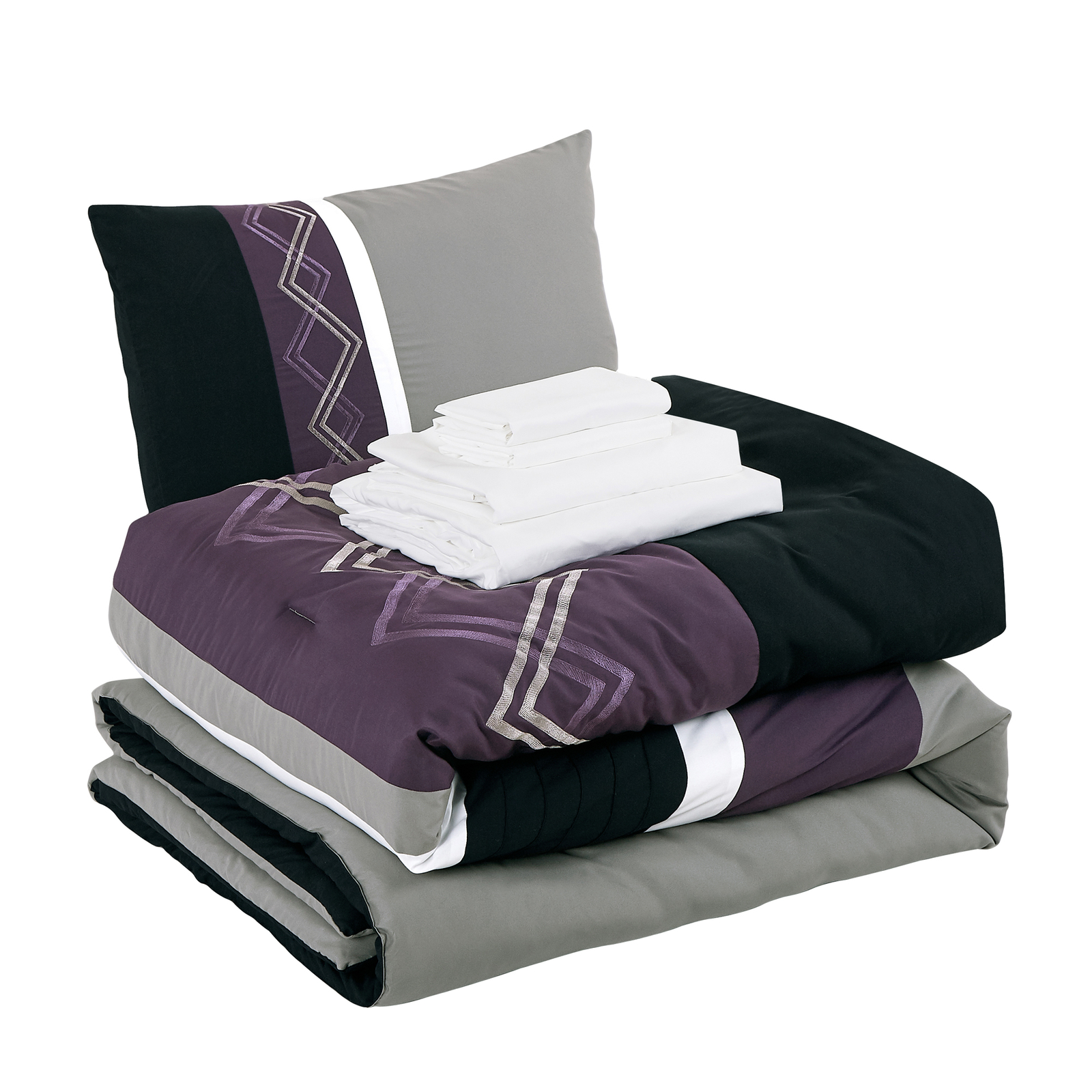 Chezmoi Collection 7-Piece Bed in a Bag Zigzag Embroidery Striped Comforter Set