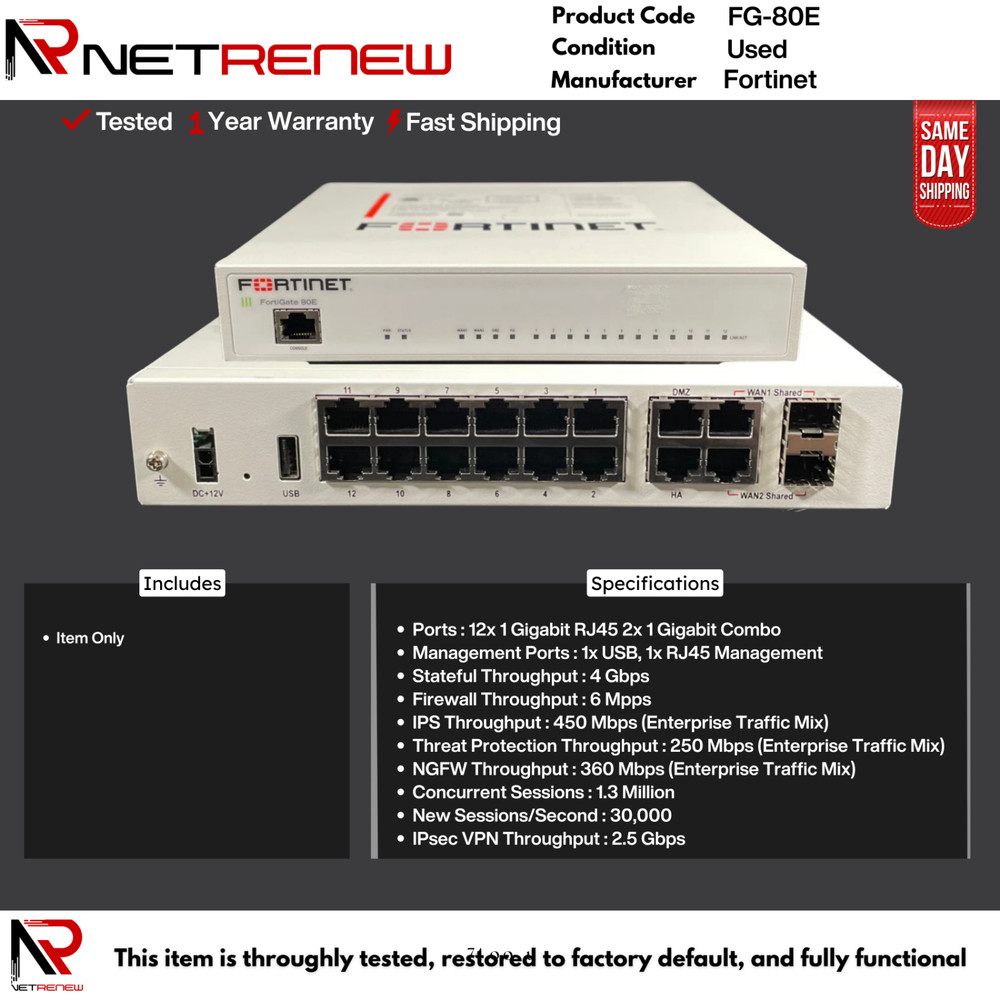 Fortinet FG-80E Firewall Network Security Appliance **ITEM ONLY**