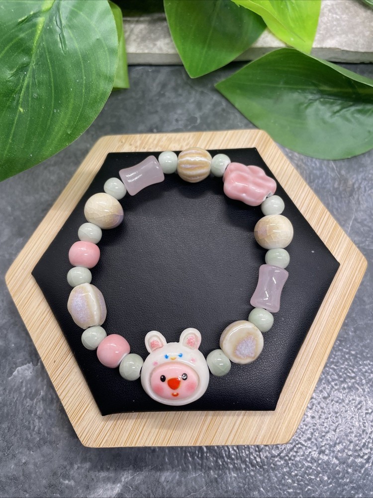 Handmade Ceramic Bead Beaded Stackable 6.5” Plus Stretch Bracelet New B326