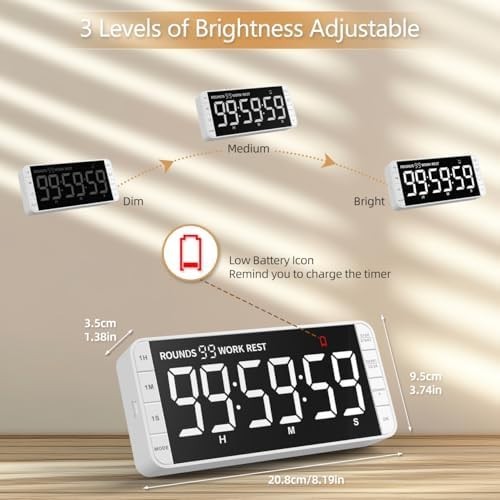 7.8'' Extra Large LED Kitchen Timer: 99H Countdown Countup with 3 White