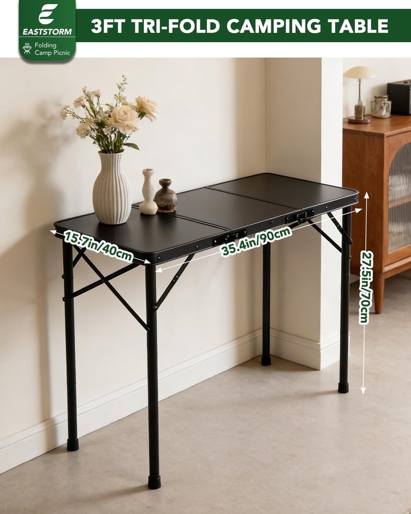 3ft Folding Camping Table Folding Table W/ 3 Adjustable Height Portable Table W/