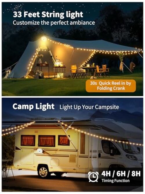 Upgraded Outdoor Retractable Camping Lights String, 33FT Camp String Yellow