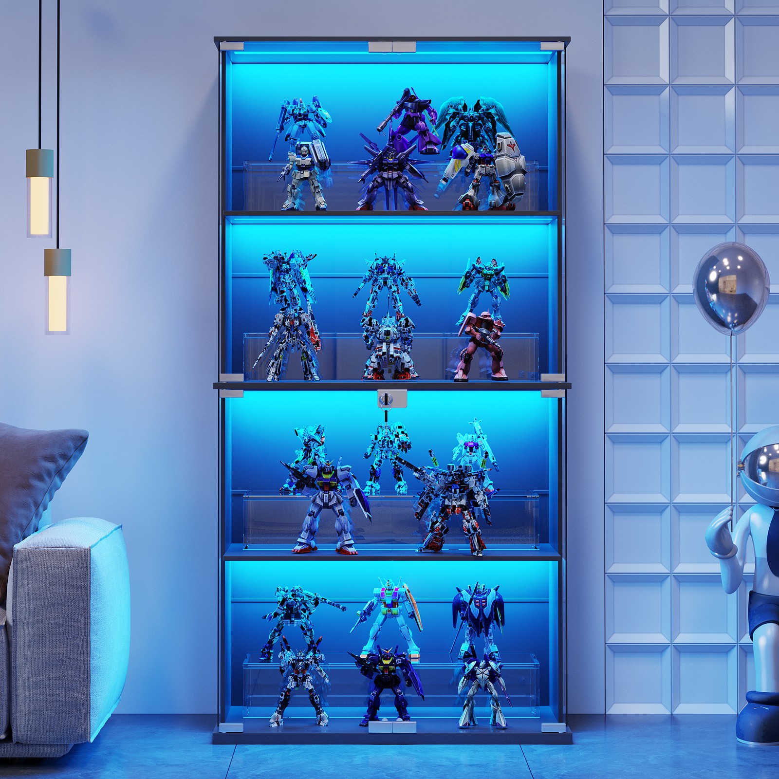 Display Cabinet with Glass Doors, Curio Cabinet with LED Lights for Collectibles