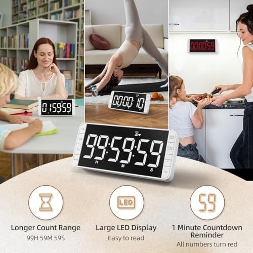 7.8'' Extra Large LED Kitchen Timer: 99H Countdown Countup with 3 White