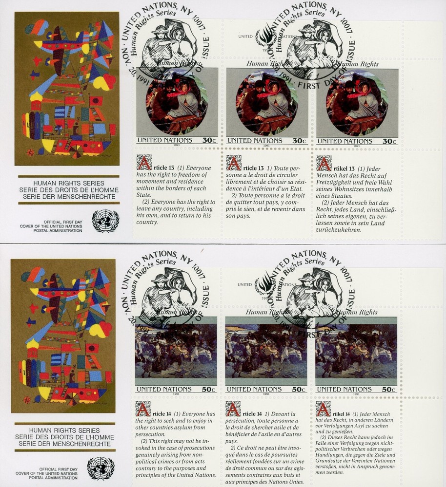 United Nations 599_2 600_2 MI3 FDC Set Human Rights