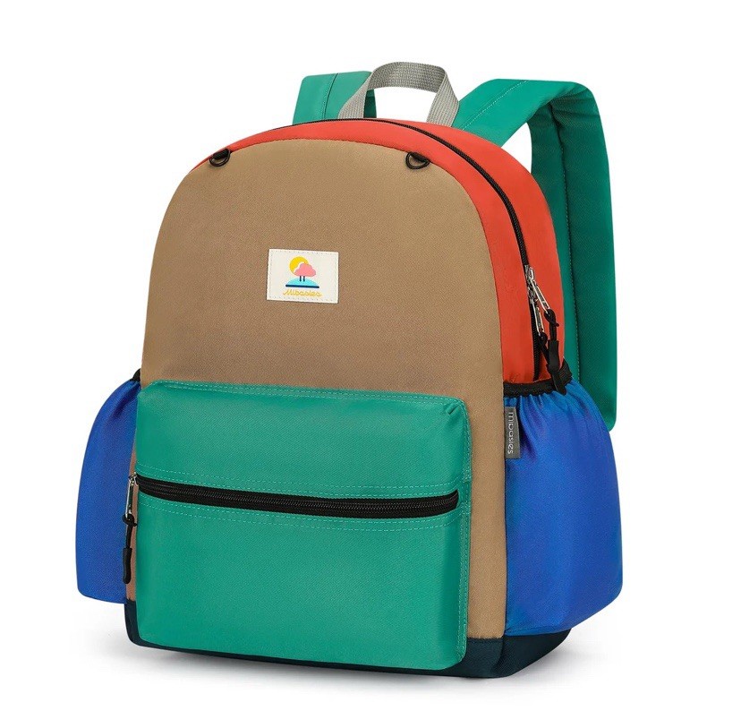 Kids Colorblock Backpack Green Blue Red Brown Adjustable Straps