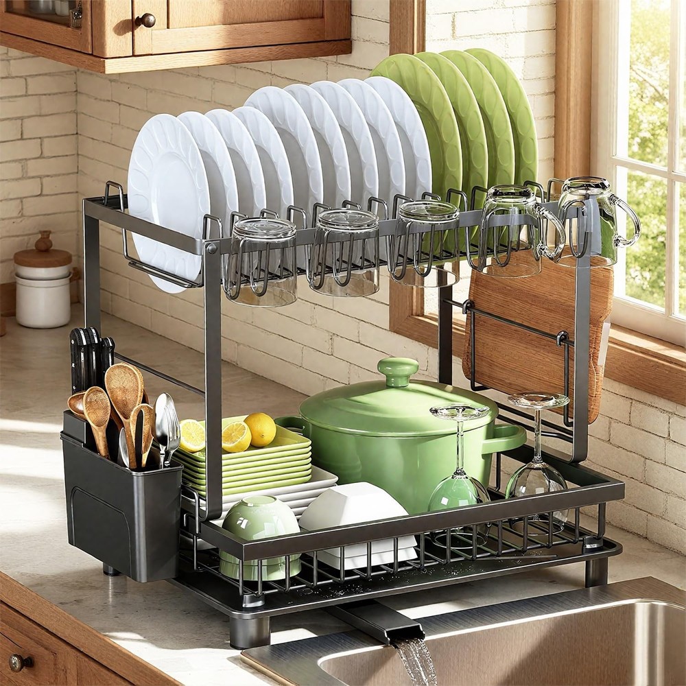 Dish Drying Rack 2 Tier Space-Saving Dish Rack Multifunctional Dish Drainer