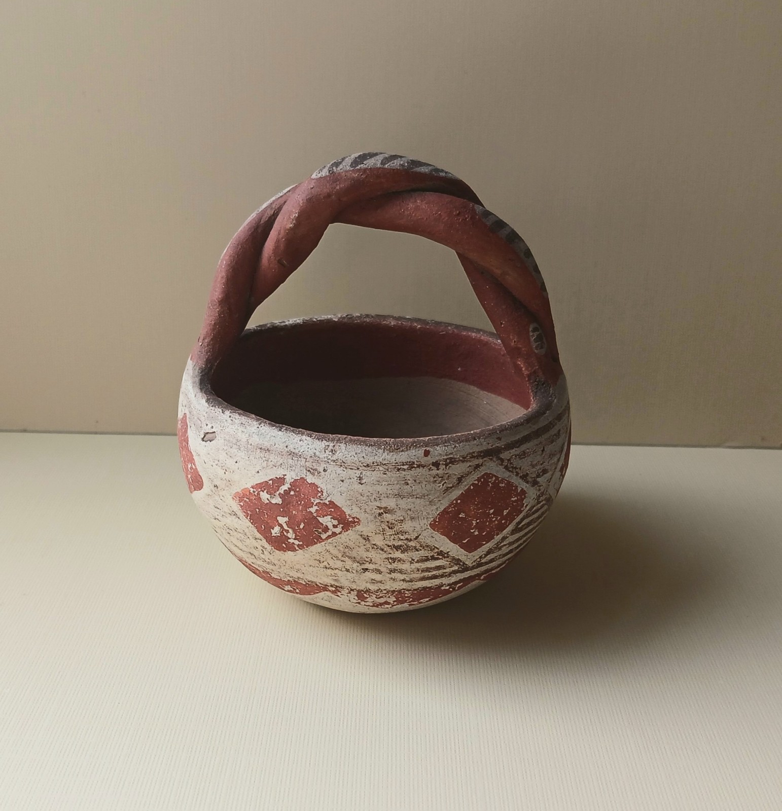 Antique Isleta Pueblo Pottery Basket Twist Handle, Hand Painted Designs, #2