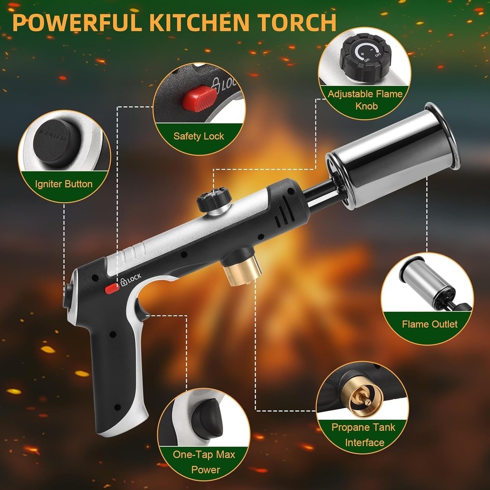 Powerful Propane Torch W/One-Touch Max Fire Adjustable Kitchen Torch Safety Lock
