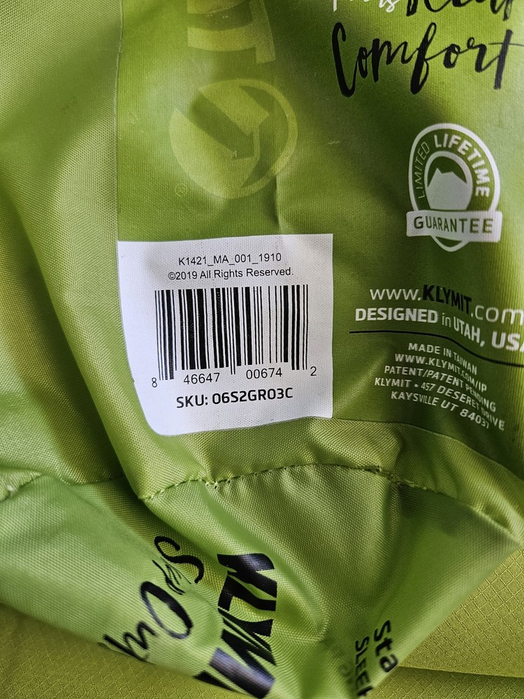Klymit Static V2 Pad Sleeping Mat Green New