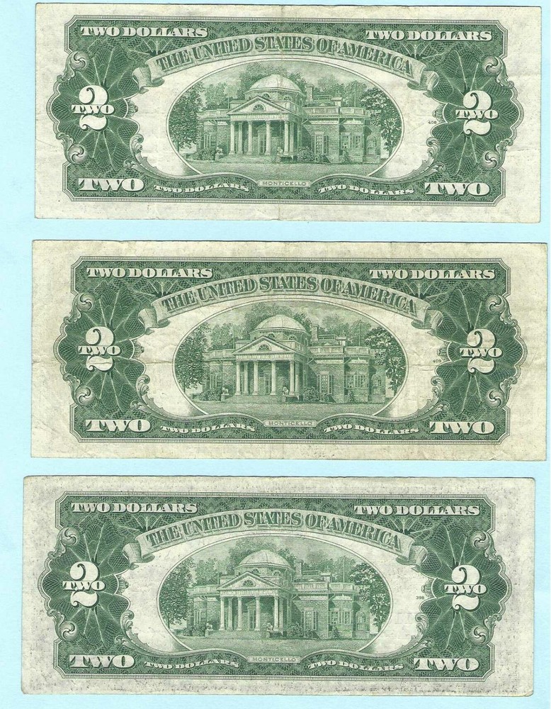 1953A (1), 1953B (2) 2 Dollar Notes, 3 Notes, Red Seal, Circulated
