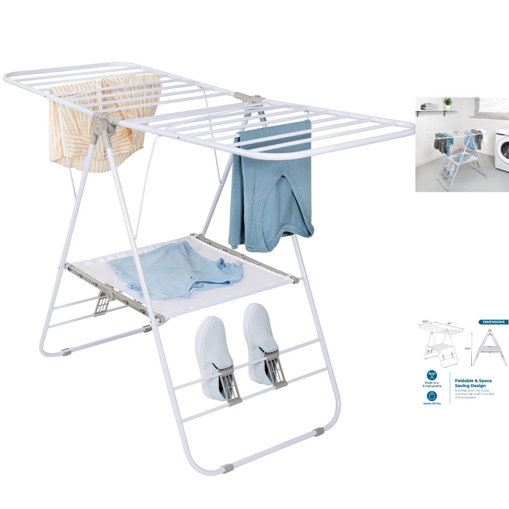 Space-Saving Gullwing Laundry Drying Rack – Heavy-Duty, 46ft Drying Space, White