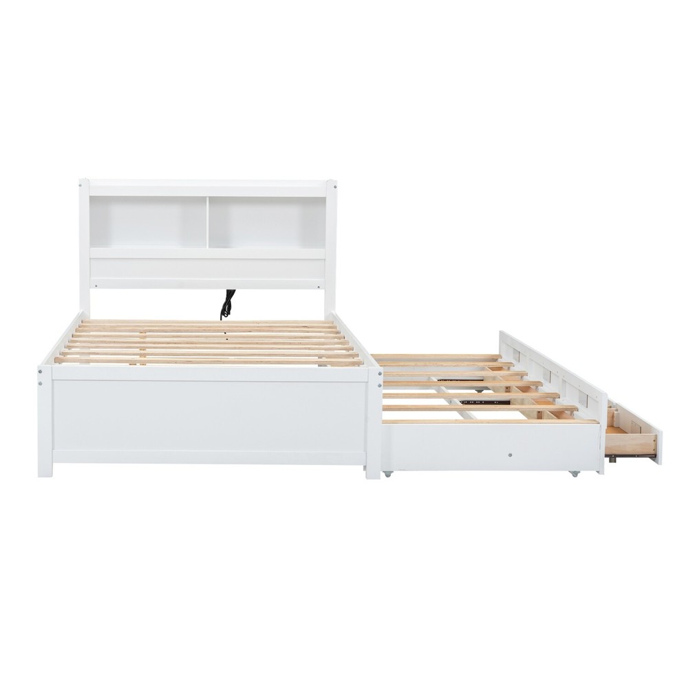Full Size Bed Frame Wood Platform Bed w/ Pull-Out Trundle & Drawer White/Gray