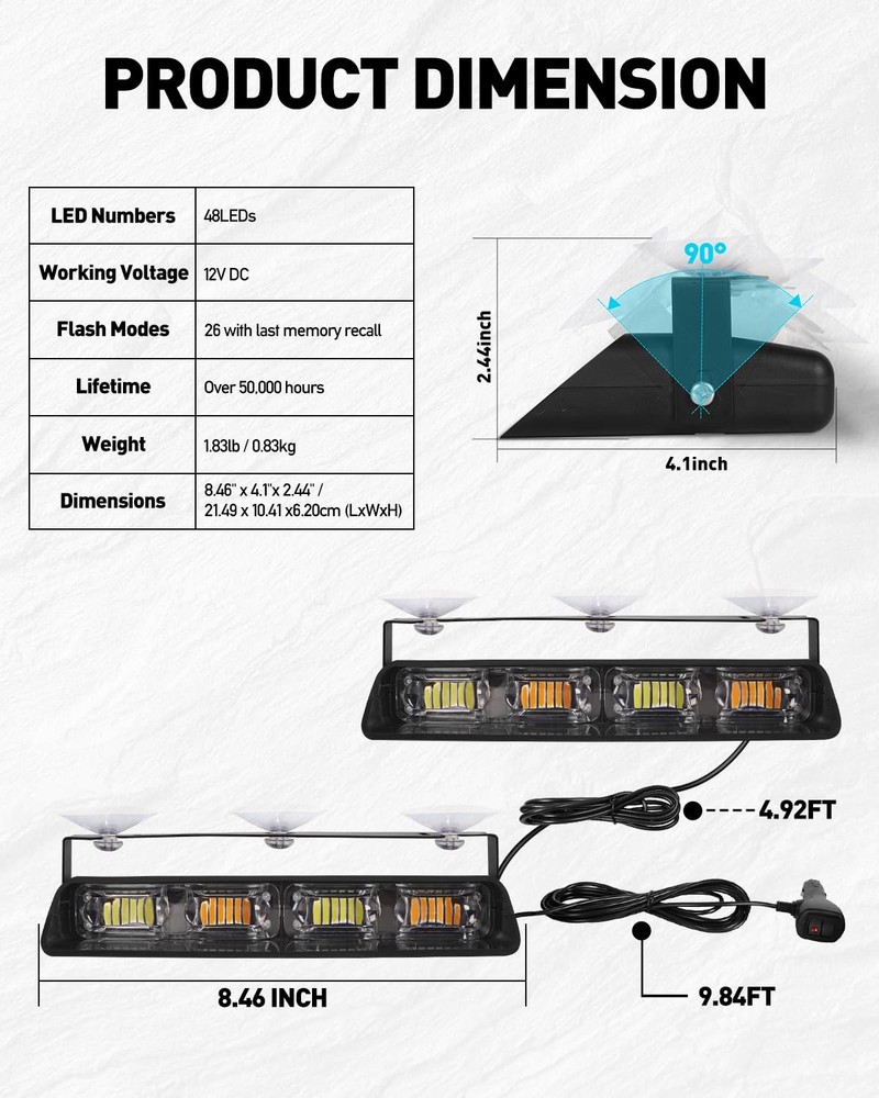 Emergency Dash Strobe Lights Amber White 48LED Hazard Warning Bar 2002L