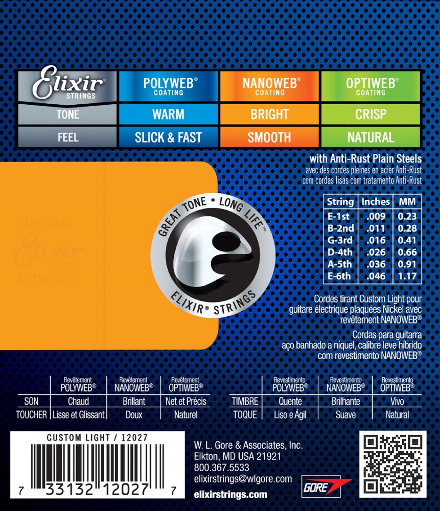 Elixir® 12027 Electric Strings NANOWEB® Coating, Custom Light (.009-.046)