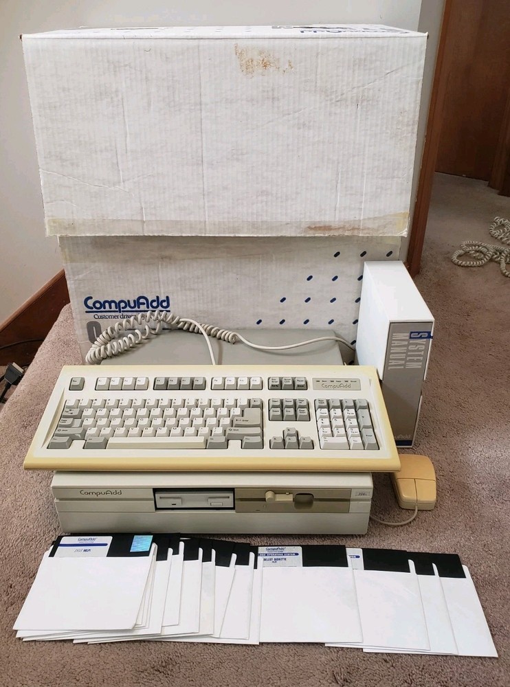 Vintage CompuAdd A002 Computer With Original Box, Keyboard, software, manual