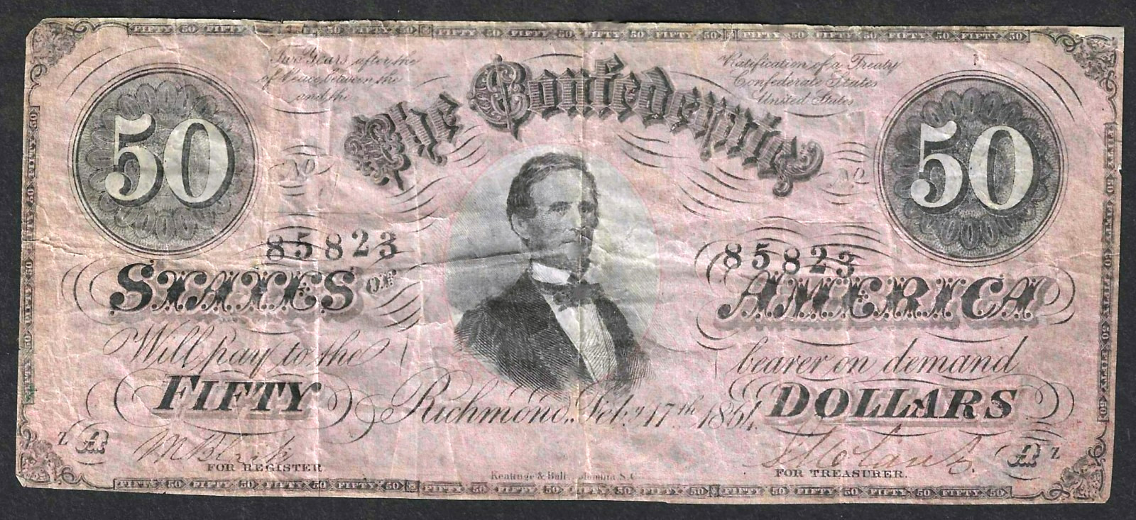 1864 $50 CONFEDERATE CIVIL WAR CURRENCY NOTE WITH JEFFERSON DAVIS PORTRAIT