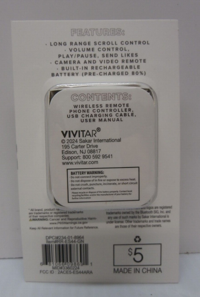 Vivitar Green/White, Wireless Remote Phone Controller Bluetooth Brand New!