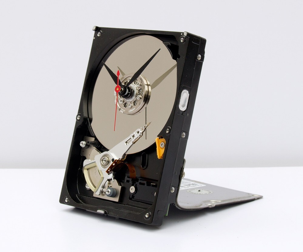Recycled computer hard drive desk clock, Quartz, time, battery, upcycle, PC, Mac
